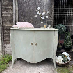 Elegant Grey Hand Painted Aged French Country Bow Fronted Cabinet Sideboard