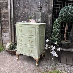 Light Green French Rococo Touch of Gold 3 Drawer Bow Fronted Bedside Table