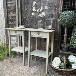 Matching Pair Grey Hand Painted Gustavian Country Style Sleek Bedside Tables