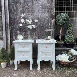 Matching Pair Grey Hand Painted Smaller Country Style Bedside Tables / Side Tables