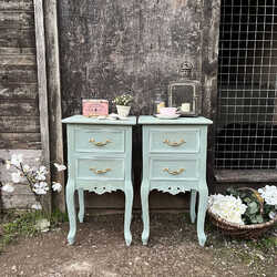 Matching Pair of Duck Egg Blue Hand Painted French Country Pretty Bedside Tables