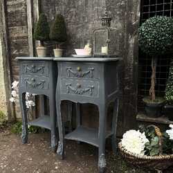 Matching Pair of Grey Blue Painted French Country Rococo Style Bedside Tables