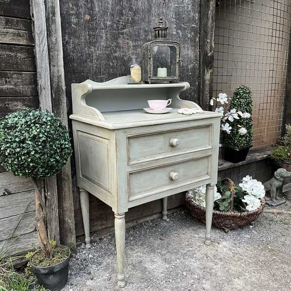 Grey Hand Painted Country Style Vintage Bedside Table With 2 Drawers Top Shelf