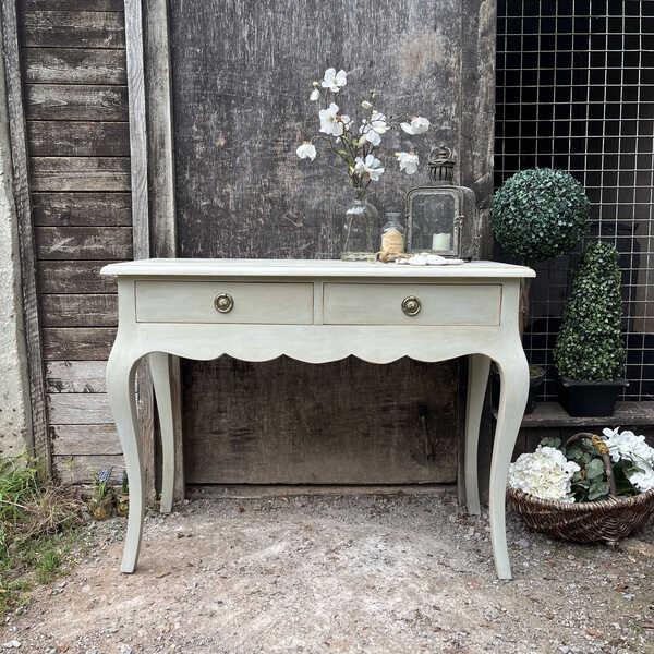 Grey Hand Painted Vintage French Country Scallop Rim Console Dressing Table Desk