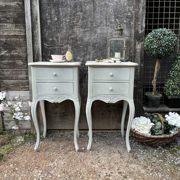 Elegant Matching Pair of Grey Hand Painted French Rococo Style Bedside Tables