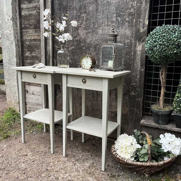 Matching Pair Grey Hand Painted Gustavian Country Style Sleek Bedside Tables