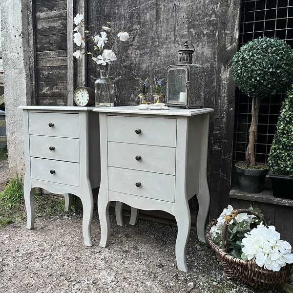 Matching Pair of Grey Hand Painted 2 Drawer Country Style Bedside / Side Tables